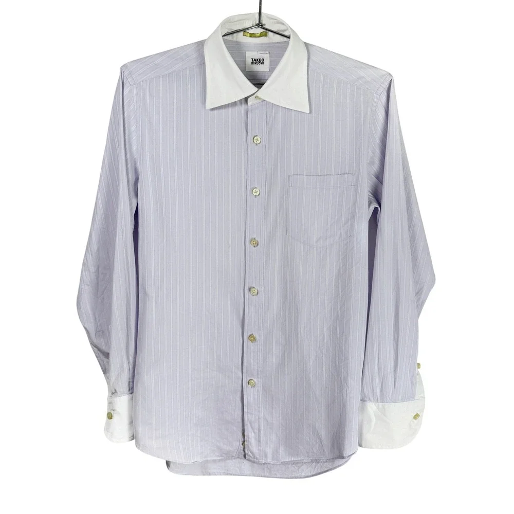 TAKEo KIKUCHI Men's Dress Shirt Long Sleeve Lavender Striped Collar Cuffs Size 2